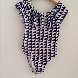 Blue and Cream Geometric Ruffle Swimsuit